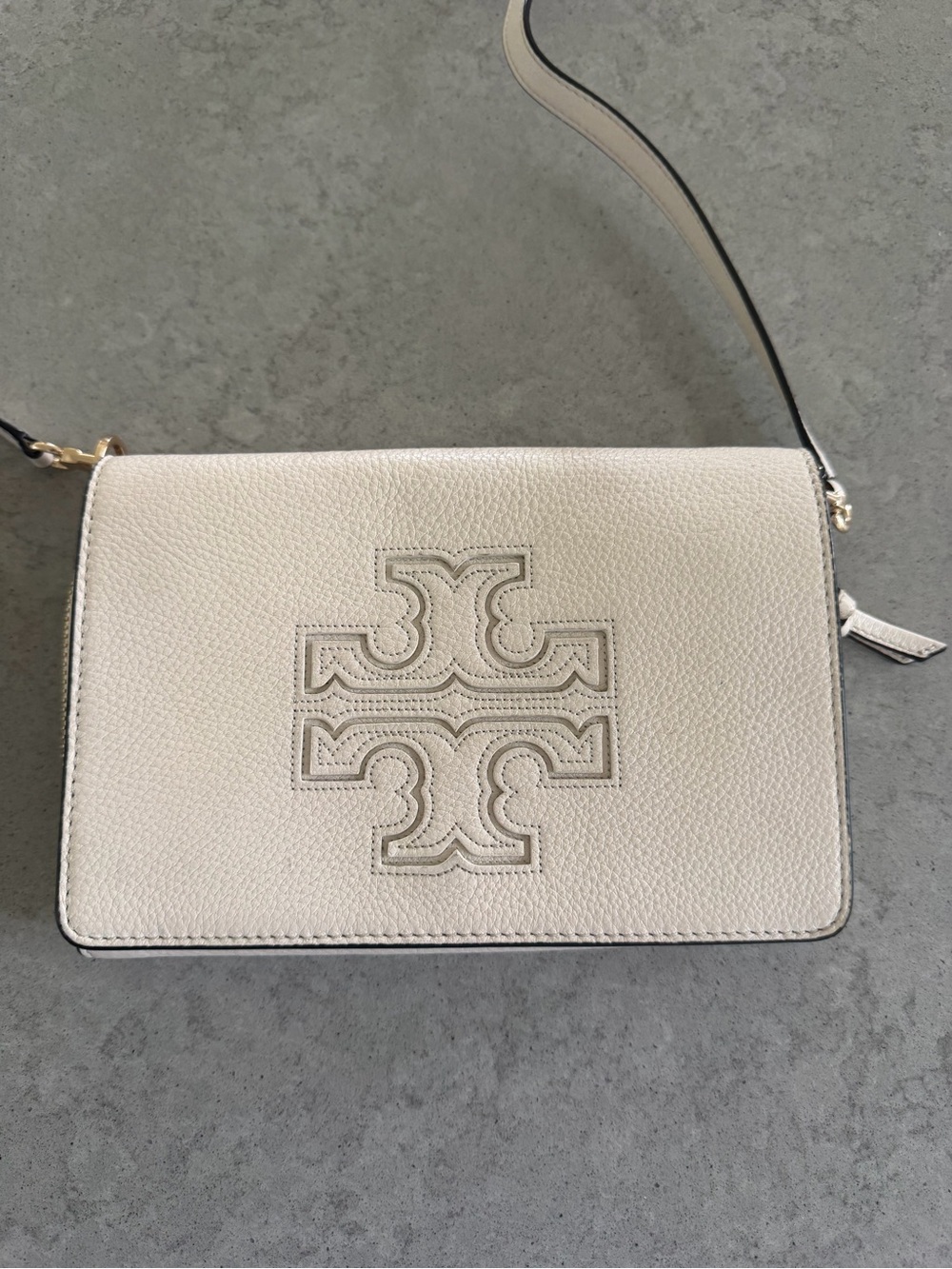 Tory Burch Bombe Ivory Pebbled Leather Crossbody with Logo Flap